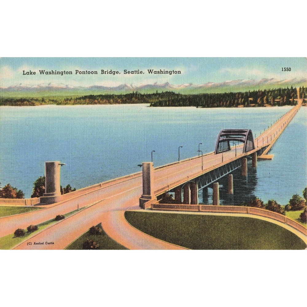 Vtg Lake Washington Pontoon Bridge Seattle WA Linen Postcard 1550 - Picture 1 of 2